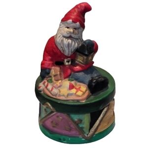 Matte hand painted ceramic santa claus lidded multicolor trinket box VINTAGE